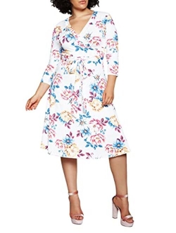 Pink Queen Women's Plus Size 3/4 Sleeve Faux Wrap Floral Dress with Belt