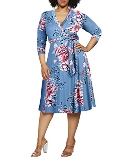 Pink Queen Women's Plus Size 3/4 Sleeve Faux Wrap Floral Dress with Belt