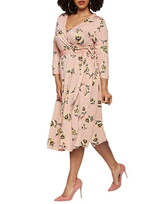 Pink Queen Women's Plus Size 3/4 Sleeve Faux Wrap Floral Dress with Belt