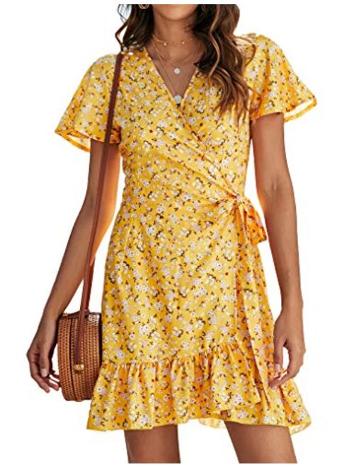 Naggoo Women's Summer Wrap V Neck Polka Dot Print Ruffle Short Sleeve Mini Floral Dress with Belt