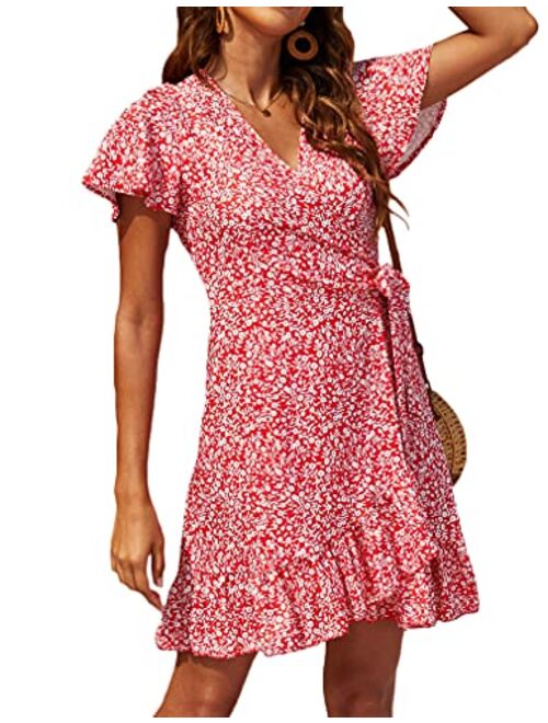 Naggoo Women's Summer Wrap V Neck Polka Dot Print Ruffle Short Sleeve Mini Floral Dress with Belt