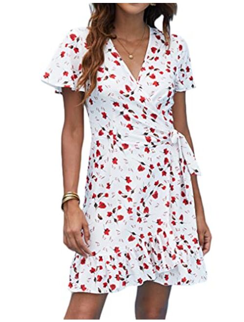 Naggoo Women's Summer Wrap V Neck Polka Dot Print Ruffle Short Sleeve Mini Floral Dress with Belt