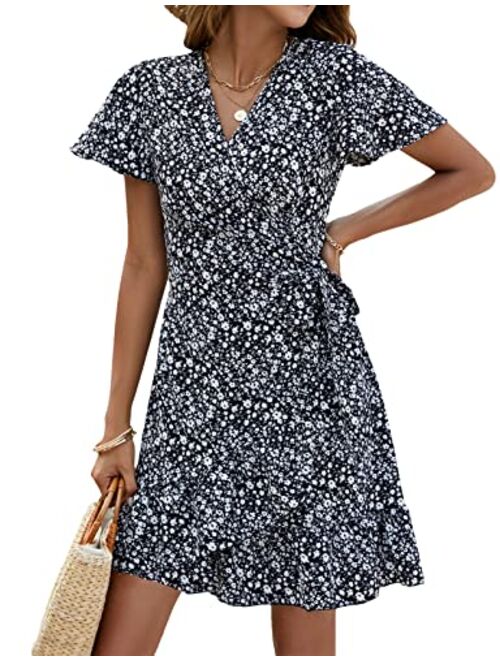 Naggoo Women's Summer Wrap V Neck Polka Dot Print Ruffle Short Sleeve Mini Floral Dress with Belt