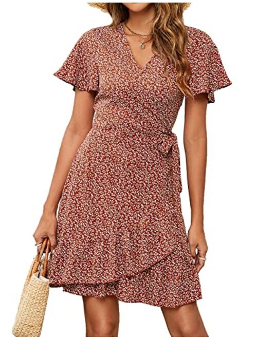 Naggoo Women's Summer Wrap V Neck Polka Dot Print Ruffle Short Sleeve Mini Floral Dress with Belt