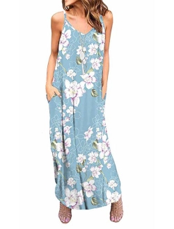 OURS Women's Summer Casual Floral Printed Bohemian Spaghetti Strap Floral Long Maxi Dress with Pockets