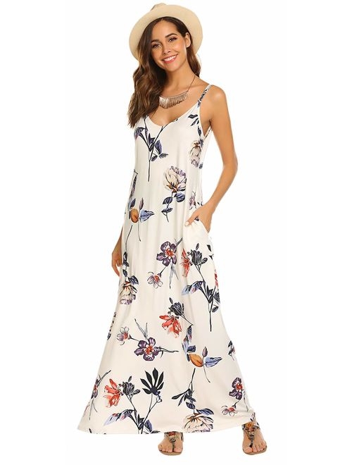 OURS Women's Summer Casual Floral Printed Bohemian Spaghetti Strap Floral Long Maxi Dress with Pockets