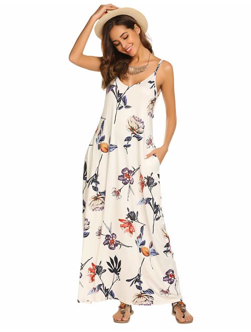 OURS Women's Summer Casual Floral Printed Bohemian Spaghetti Strap Floral Long Maxi Dress with Pockets