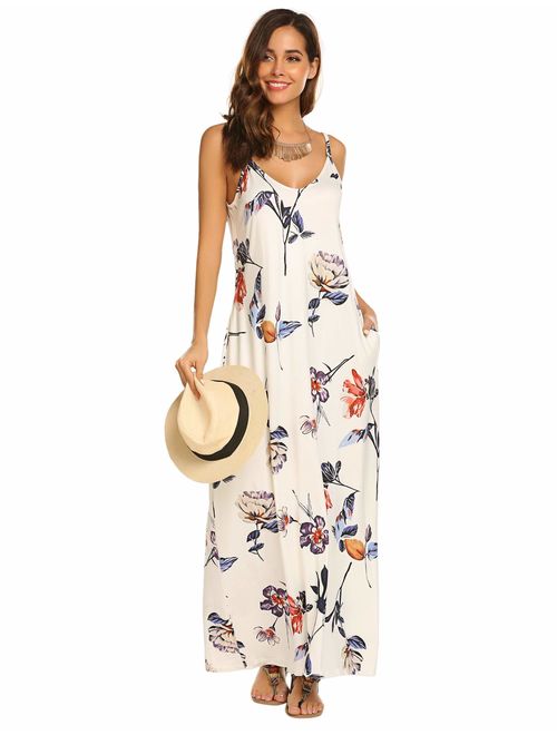 OURS Women's Summer Casual Floral Printed Bohemian Spaghetti Strap Floral Long Maxi Dress with Pockets