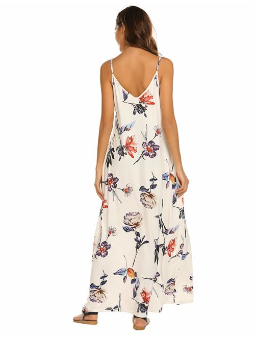 OURS Women's Summer Casual Floral Printed Bohemian Spaghetti Strap Floral Long Maxi Dress with Pockets