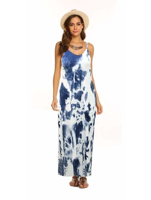 OURS Women's Summer Casual Floral Printed Bohemian Spaghetti Strap Floral Long Maxi Dress with Pockets