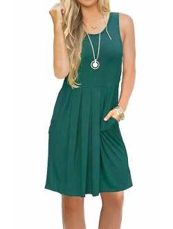 AUSELILY Women's Sleeveless Pleated Loose Swing Casual Dress with Pockets Knee Length