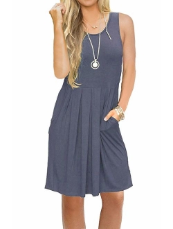 AUSELILY Women's Sleeveless Pleated Loose Swing Casual Dress with Pockets Knee Length