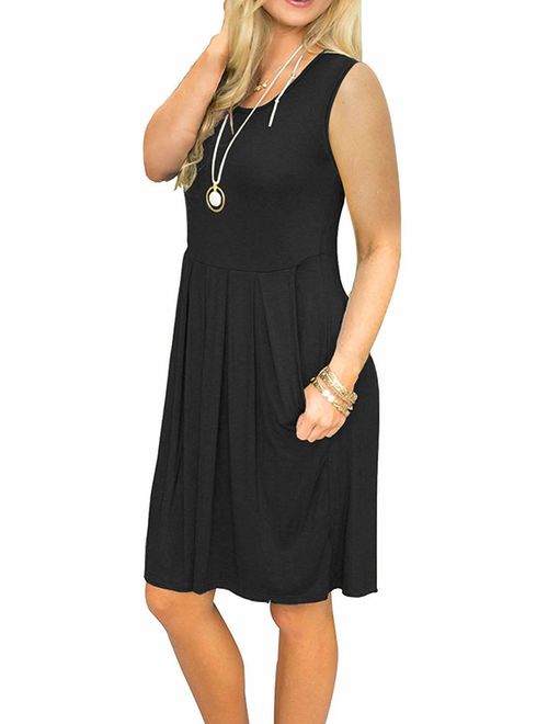 AUSELILY Women's Sleeveless Pleated Loose Swing Casual Dress with Pockets Knee Length