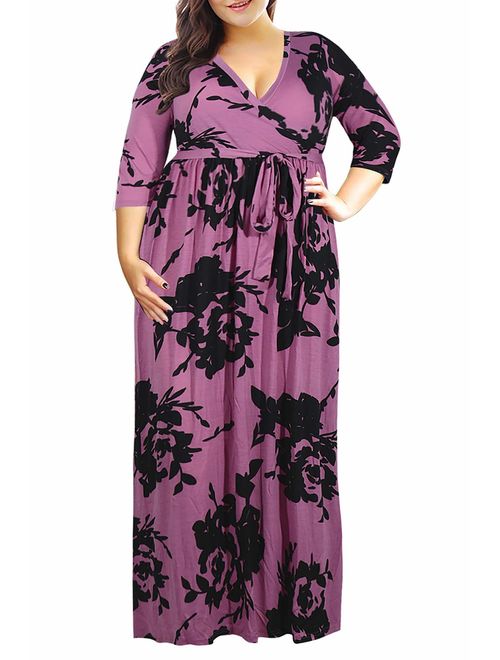 Nemidor Women's 3/4 Sleeve Floral Print Plus Size Casual Party Maxi Dress