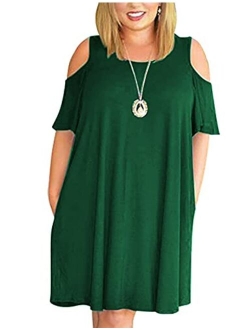 Kancystore Women Plus Size Dresses Short Sleeve Cold Shoulder Casual T-Shirt Swing Dress with Pockets