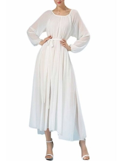 BUENOS NINOS Women's Long Sleeve Crew Neck Loose Chiffon Long Maxi Dress with Belt