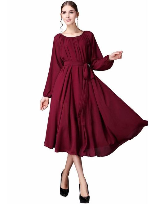 BUENOS NINOS Women's Long Sleeve Crew Neck Loose Chiffon Long Maxi Dress with Belt