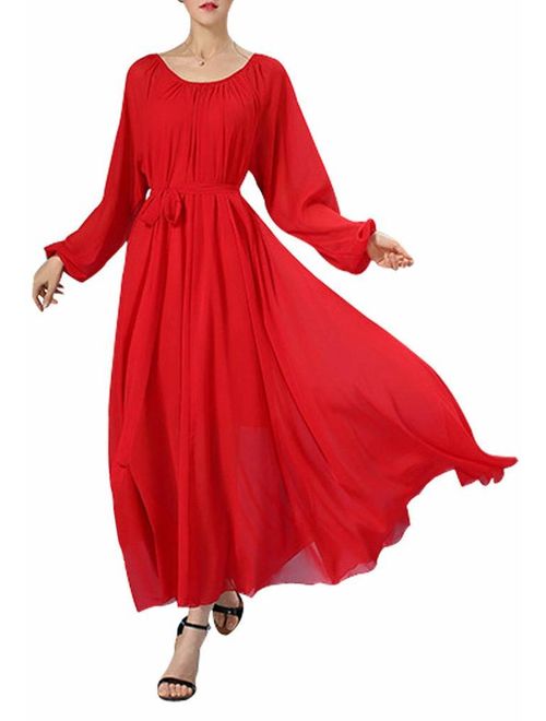 BUENOS NINOS Women's Long Sleeve Crew Neck Loose Chiffon Long Maxi Dress with Belt