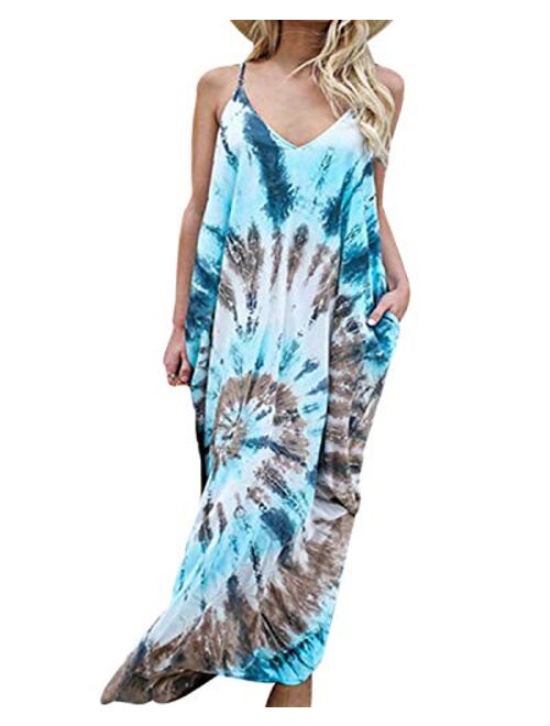 kenoce V Neck Floral Spaghetti Strap Boho Long Maxi Summer Beach Sundress With Pockets