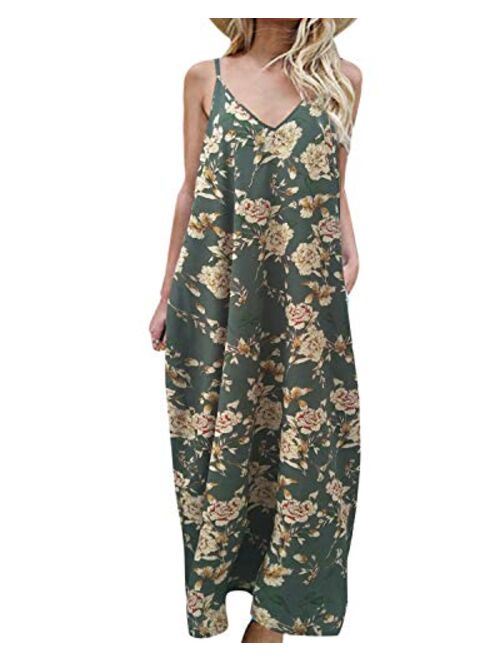 kenoce V Neck Floral Spaghetti Strap Boho Long Maxi Summer Beach Sundress With Pockets