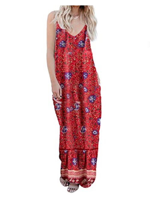 kenoce V Neck Floral Spaghetti Strap Boho Long Maxi Summer Beach Sundress With Pockets