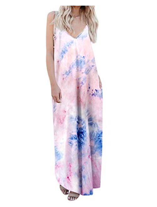 kenoce V Neck Floral Spaghetti Strap Boho Long Maxi Summer Beach Sundress With Pockets