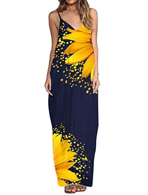 kenoce V Neck Floral Spaghetti Strap Boho Long Maxi Summer Beach Sundress With Pockets