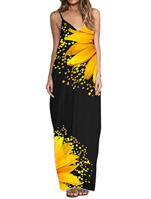 kenoce V Neck Floral Spaghetti Strap Boho Long Maxi Summer Beach Sundress With Pockets