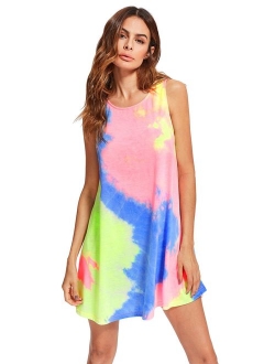 Women's Tie Dye Sleeveless Casual Loose T-Shirt Dress Swing Tunic Top