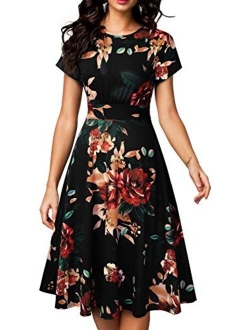 HOMEYEE Women's Short Sleeve Floral Casual Aline Midi Dress A102