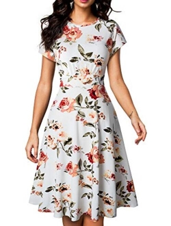 HOMEYEE Women's Short Sleeve Floral Casual Aline Midi Dress A102