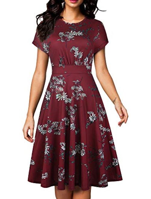 HOMEYEE Women's Short Sleeve Floral Casual Aline Midi Dress A102