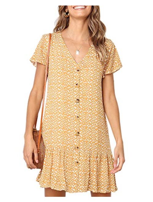 Imysty Womens Polka Dot V Neck Button Down Ruffles Loose Mini Short T-Shirt Dress