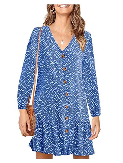 Imysty Womens Polka Dot V Neck Button Down Ruffles Loose Mini Short T-Shirt Dress