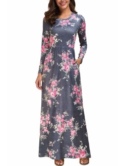 Zattcas Womens Long Sleeve Maxi Dress Floral Print Casual Long Dresses with Pockets