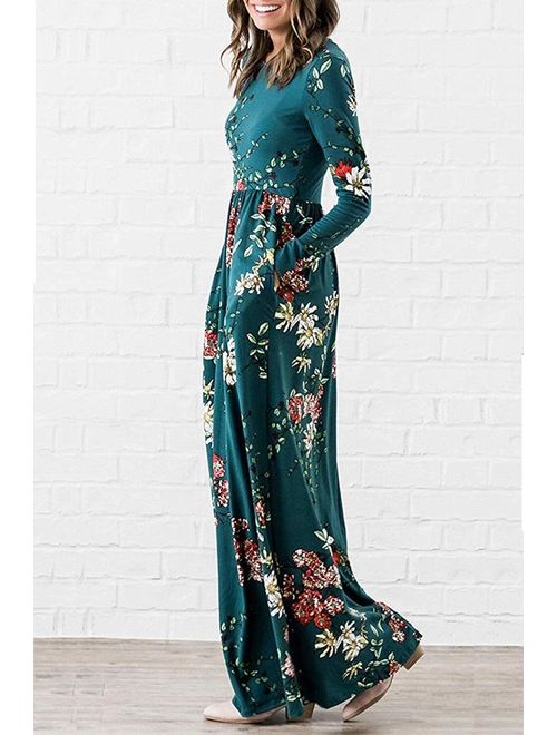 Zattcas Womens Long Sleeve Maxi Dress Floral Print Casual Long Dresses with Pockets