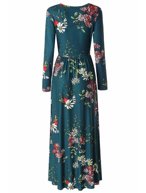 Zattcas Womens Long Sleeve Maxi Dress Floral Print Casual Long Dresses with Pockets