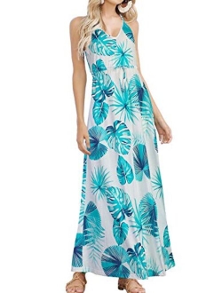 HUSKARY Womens Sleeveless V Neck Spaghetti Strap Pockets Beach Boho Tropical Summer Maxi Dress