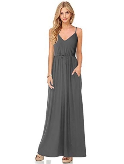 HUSKARY Womens Sleeveless V Neck Spaghetti Strap Pockets Beach Boho Tropical Summer Maxi Dress