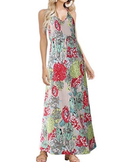 HUSKARY Womens Sleeveless V Neck Spaghetti Strap Pockets Beach Boho Tropical Summer Maxi Dress