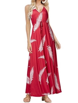 HUSKARY Womens Sleeveless V Neck Spaghetti Strap Pockets Beach Boho Tropical Summer Maxi Dress