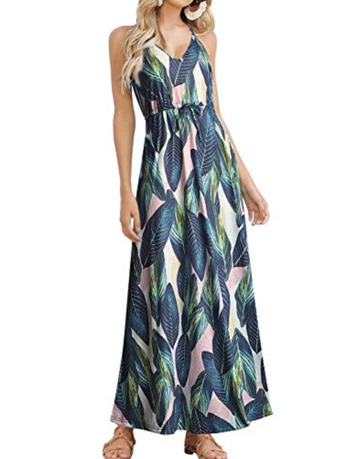 HUSKARY Womens Sleeveless V Neck Spaghetti Strap Pockets Beach Boho Tropical Summer Maxi Dress