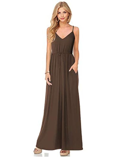 HUSKARY Womens Sleeveless V Neck Spaghetti Strap Pockets Beach Boho Tropical Summer Maxi Dress