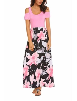 Kancystore Cold Shoulder Short Sleeve Floral Printed Maxi Dresses With Pockets