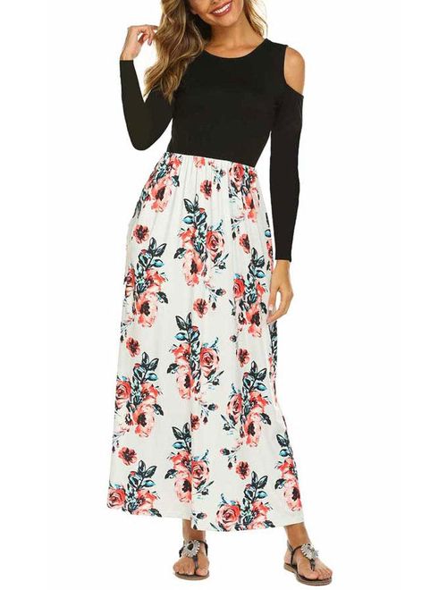 Kancystore Cold Shoulder Short Sleeve Floral Printed Maxi Dresses With Pockets