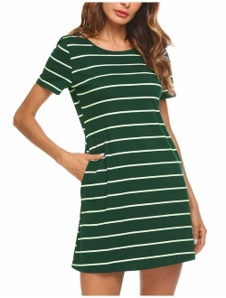 Feager Women's Casual Striped Criss Cross Short Sleeve T Shirt Dress with Pockets