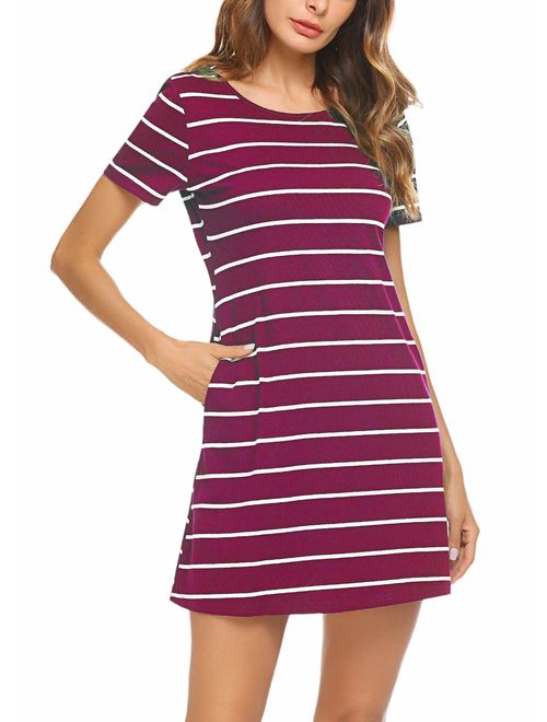 Feager Women's Casual Striped Criss Cross Short Sleeve T Shirt Dress with Pockets