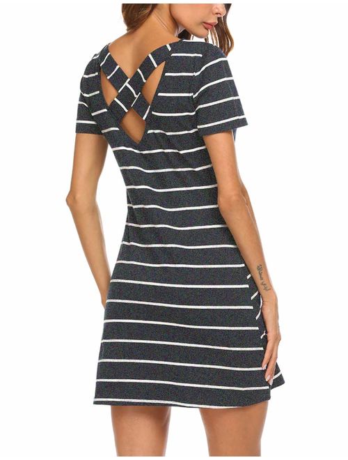 Feager Women's Casual Striped Criss Cross Short Sleeve T Shirt Dress with Pockets