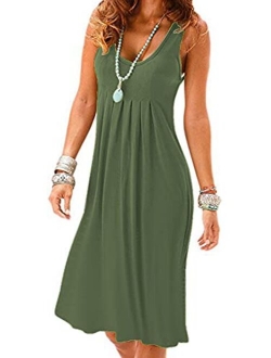 Women Casual Summer Vest Dresses Loose Cotton Sleeveless Pleated Fashion Plain