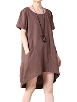 Mordenmiss Women's Cotton Linen Tunic Tops Hi-Low Dresses with Pockets